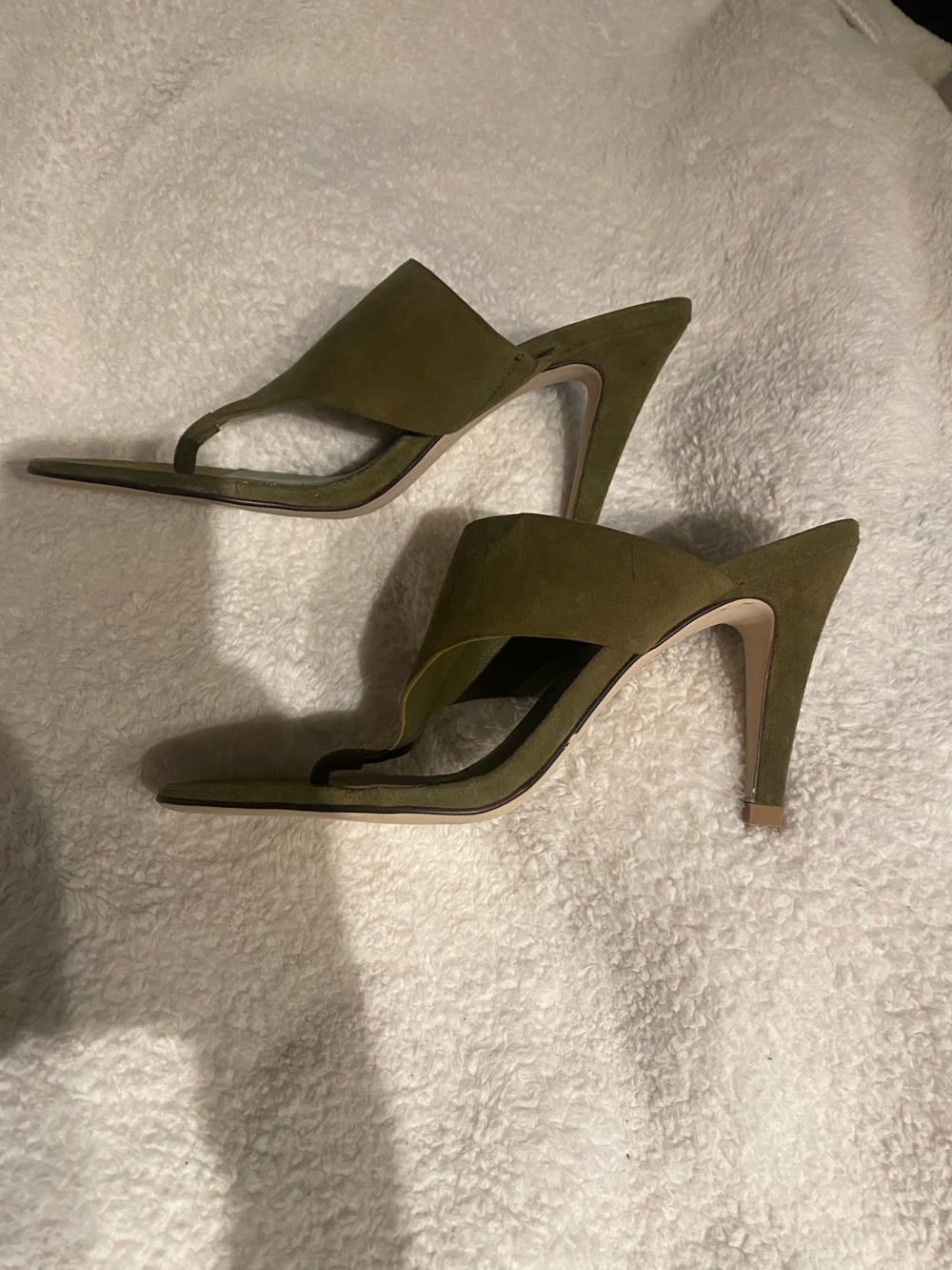Jeffrey Campbell Olive Green Suede Thong High Heel Mules